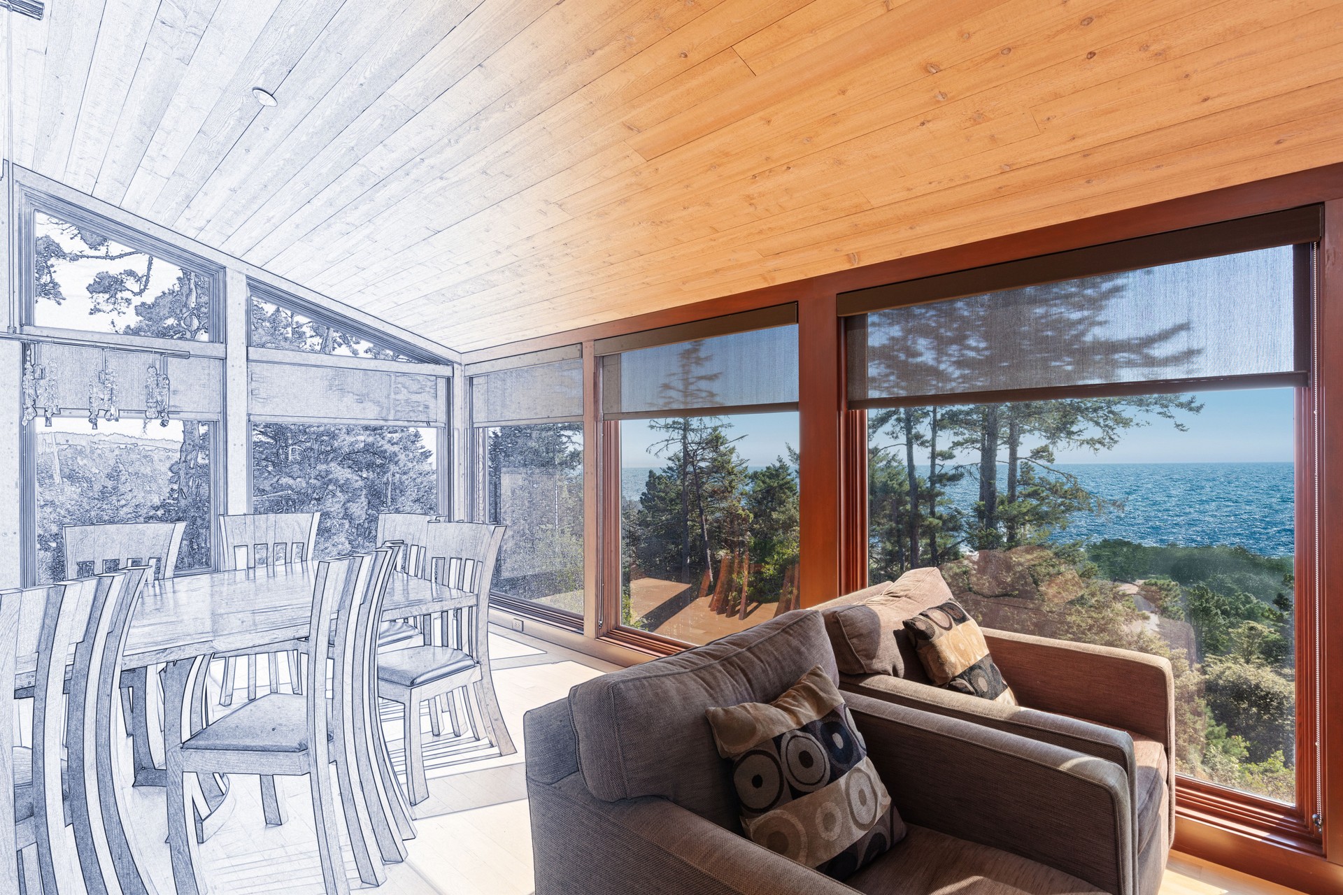 Tratamentos de janela - Construção de reforma interior em casa com transição de desenho de linha de projeto para misturar desvanecer em projeto acabado